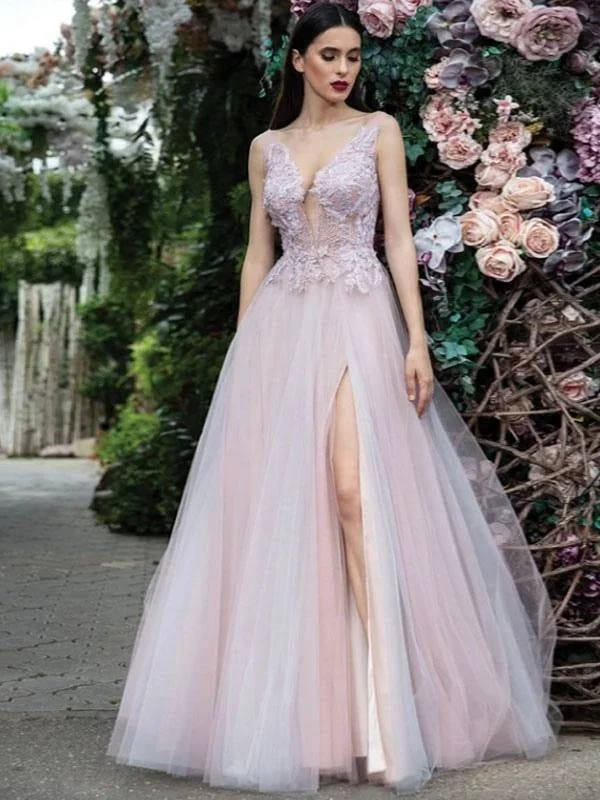 evening dress with pleats-Women Evening Dress A-Line V-Neck Floor-Length Backless Applique Lace Social Pageant Dresses Split Gown