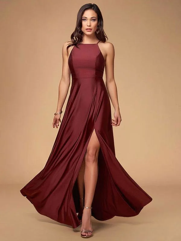 evening dress with sheer sleeves-Women Evening Dress Burgundy A Line Criss Cross Lycra Spandex Formal Dinner Dresses