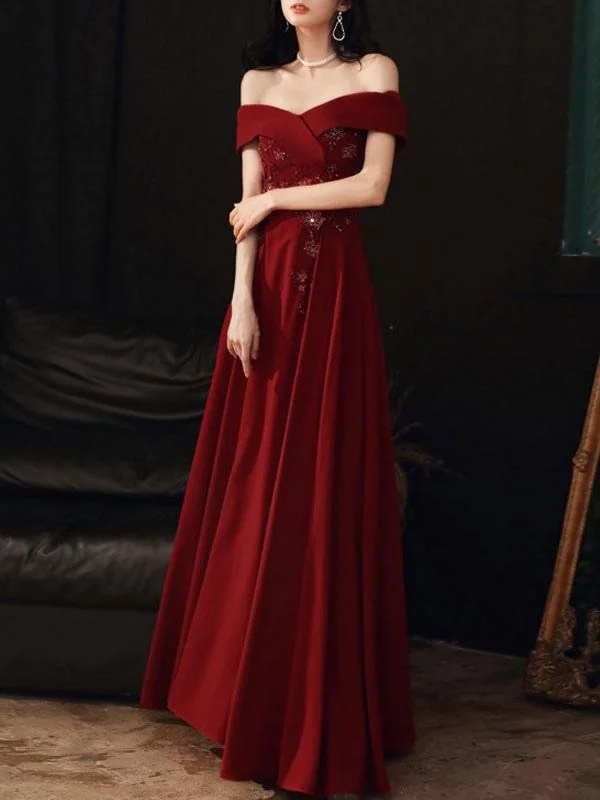 sheath evening dress-Women'S Evening Dress A-Line Bateau Neck Matte Satin Floor-Length Beaded Formal Dinner Dresses