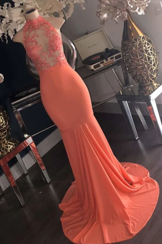 elegant evening attire-Wonderful Sleeveless Halter Lace Appliques Long Mermaid Prom Dresses