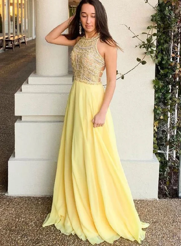 formal black evening dress-Yellow Long Prom Dresses with Rhinestones