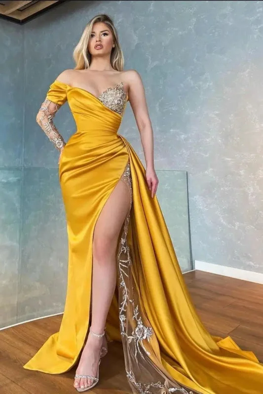 formal black evening dress-Yellow Long Sleeve Mermaid Prom Dress with Split and Ruffles Sweetheart Appliques