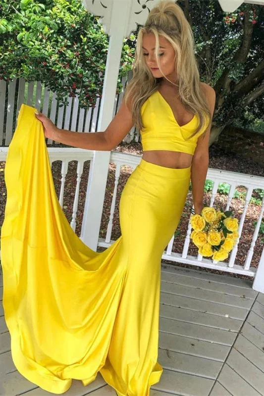 elegant long evening dress-Yellow Mermaid Prom Dress Set of 2