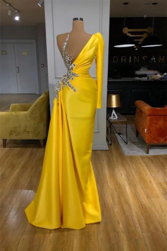 elegant mermaid evening dress-Yellow Mermaid Prom Dress with Long Sleeves