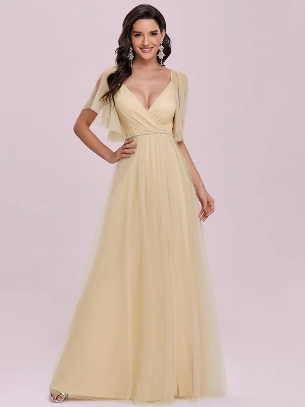 evening dress with ruffles-Yellow Prom Dress A-Line V-Neck Tulle Short Sleeves Backless Sash Party Dresses Long Evening Dress