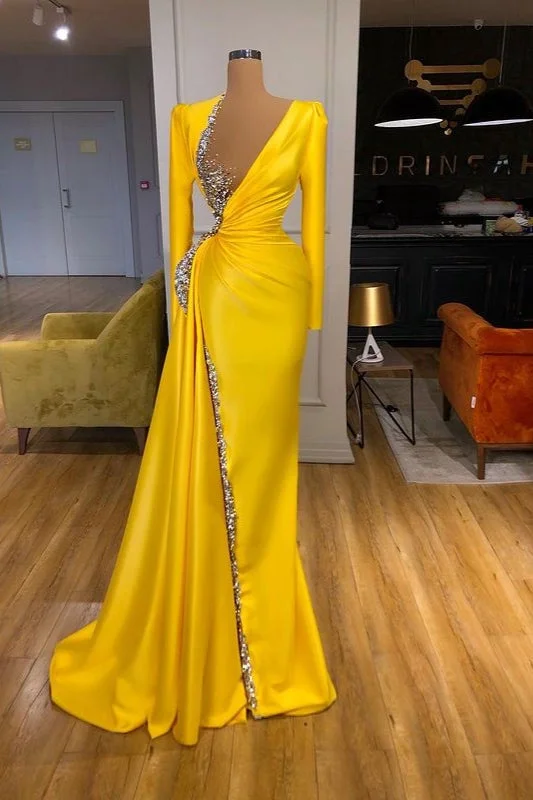 embroidered evening dress-Yellow Prom Dress with Beads Sequins and Long Sleeves