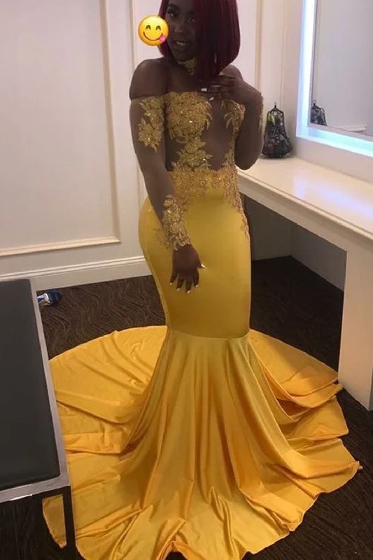 evening dress with open back-Yellow Prom Dresses Mermaid Evening Gown with Appliques