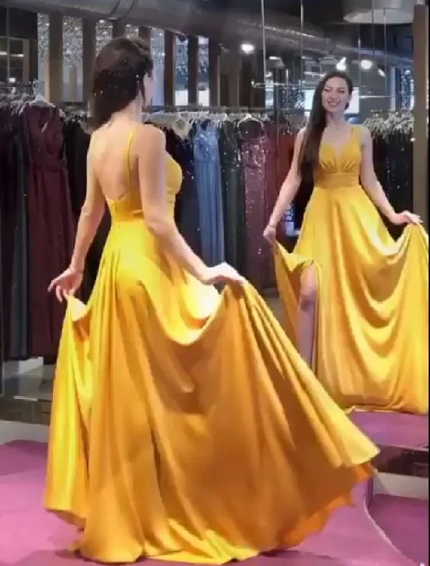 flared evening dress-Yellow Split Side Prom Dresses V Neck