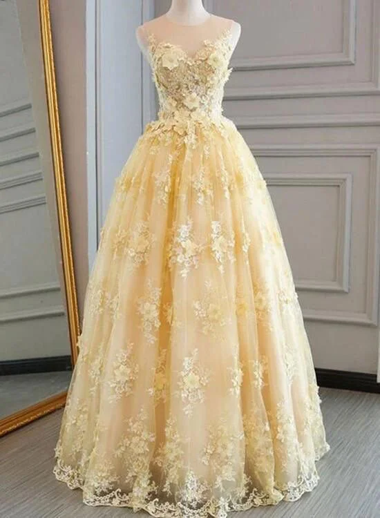 off-the-shoulder evening dress-Yellow Tulle Long Prom Dresses with Appliques