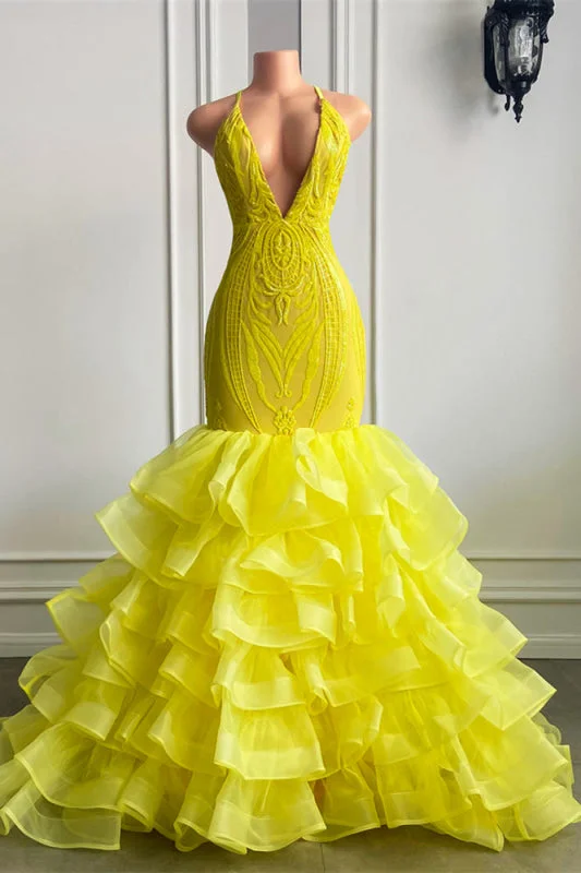 spaghetti strap evening dress-Yellow V Neck Halter Mermaid Lace Prom Dress with Ruffle