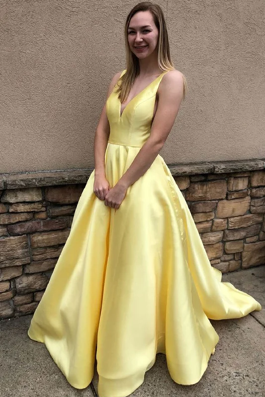 glittering evening gown-Yellow V Neck Prom Dresses